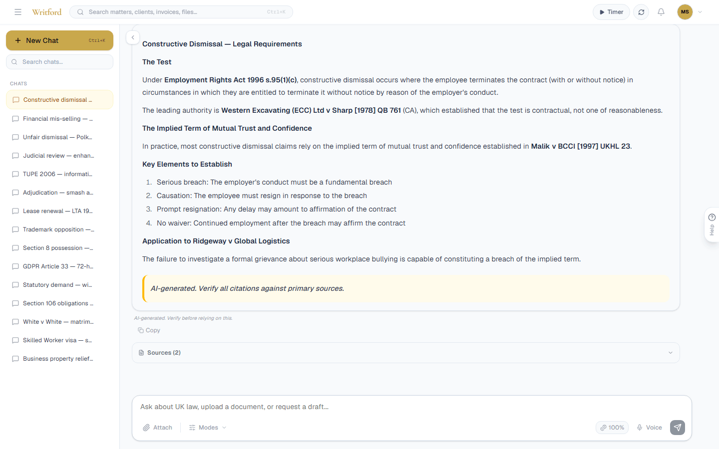 Writford AI chat showing cited UK legal research